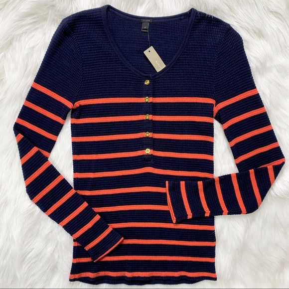 J. Crew Tops - J. Crew Thermal Henley Striped Navy and Coral